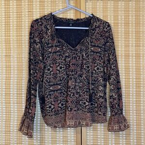 Lucky Brand Womens L Floral Boho Peasant Long Sleeve Darkcore Cottagecore
